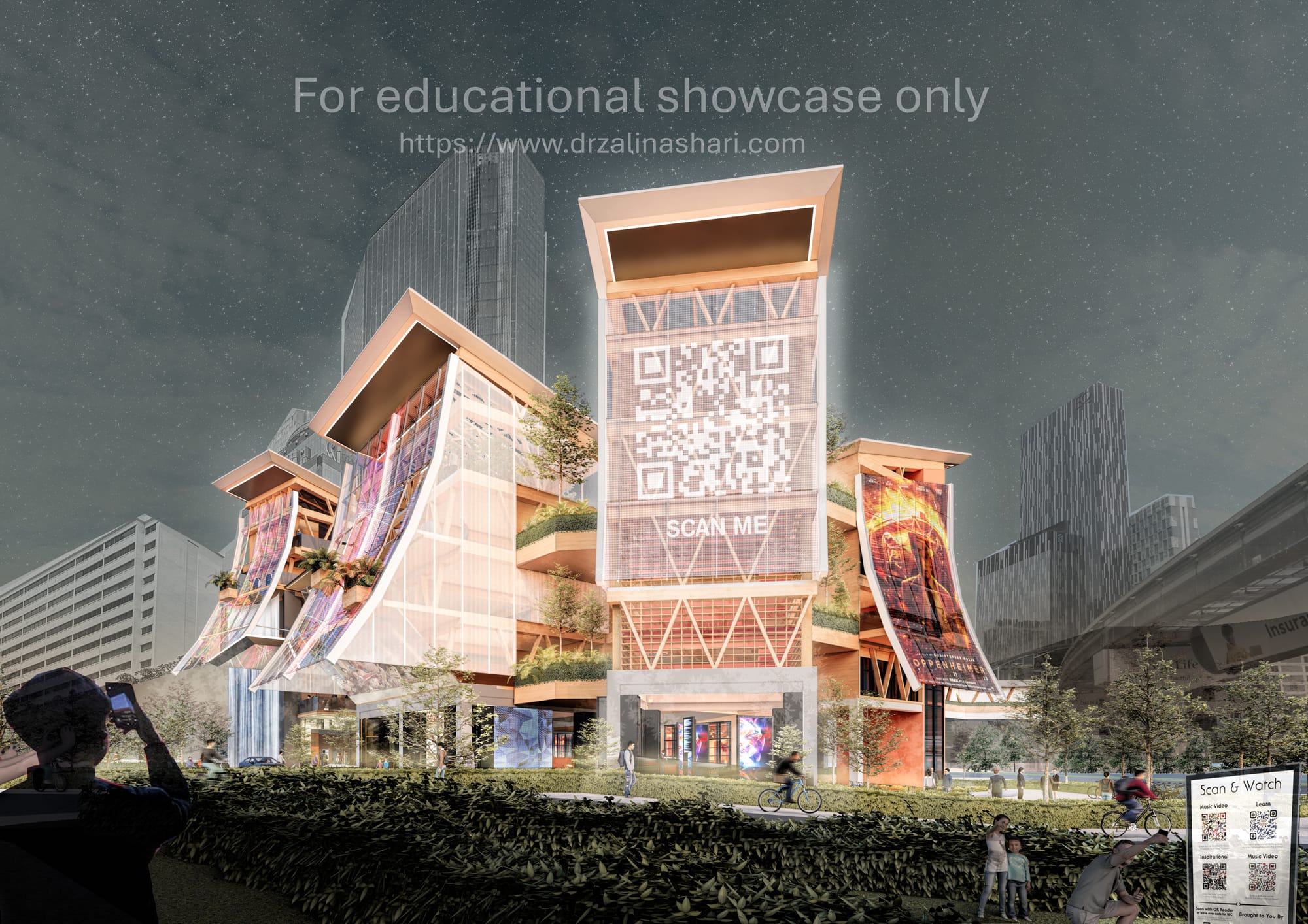 Night view of the interactive façade, illustrating digital engagement, green terraces, and active pedestrian use. Rendering by Yoong Zheng Quan (GS68187).
